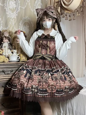 Chocolate sweet lolita jumper dress with carousel print and lace hem worn by model in vintage doll room setting with brown tones and bow decorations
