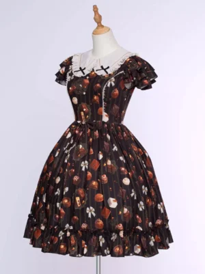 sweet lolita dress right side-front angle fitted waist ruffled skirt hem chocolate print all-over dessert and bow motifs