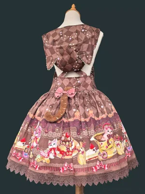 Brown argyle sweet lolita dress back view showing open back design with cat tail decoration and mini bow accents