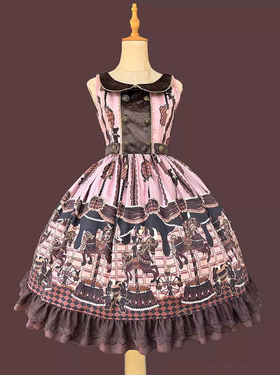 Chocolate carousel sweet lolita jumper skirt detailed close-up showing ruffled hem lace edging rococo aesthetic craftsmanship