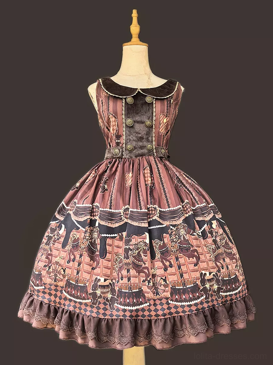 Chocolate lolita jumper skirt side profile showing silhouette fitted waist ruffled hem and rococo-inspired styling