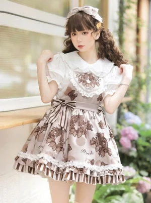 Chocolate sweet lolita jumper dress front view with bow-bunny print and striped ruffled hem, displayed on windowsill with floral greenery