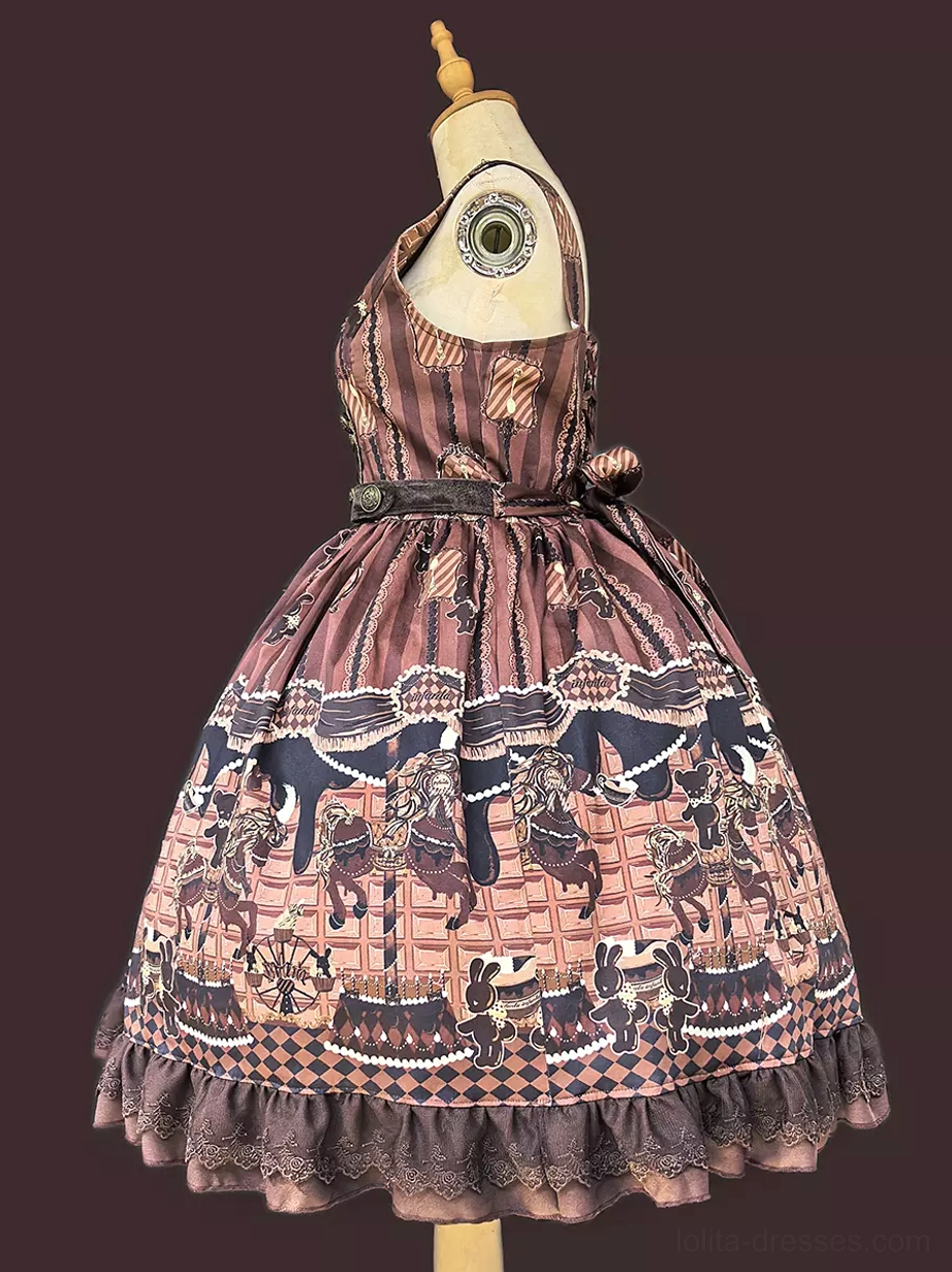 Chocolate sweet lolita jumper dress complete outfit front view showing carousel print Peter Pan collar and sleeveless design