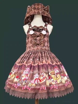 Chocolate brown sweet lolita suspender dress with argyle pattern, cat ear hat, and dessert cat print skirt - front view flat lay