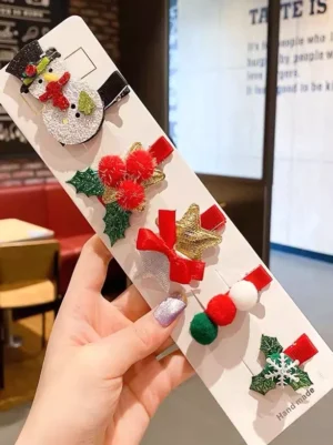 Christmas Lolita hair accessories with snowman and holly leaf designs, adorned with star bows and pom-pom details in festive red-green tones