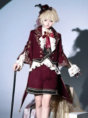 Christmas Prince Lolita ensemble side perspective showcasing tailored coat structure, feathered hair ornament, elegant red bow necktie, gold-trimmed details, and theatrical studio lighting