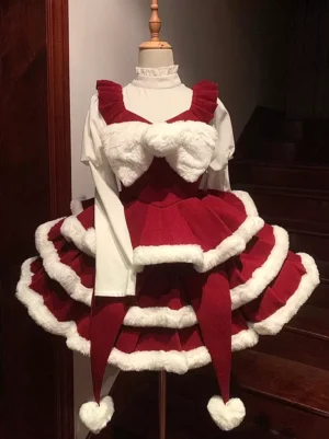 Christmas sweet lolita jumper skirt dress in wine red with white fluffy bows and pom-pom trim front flat view on dress form