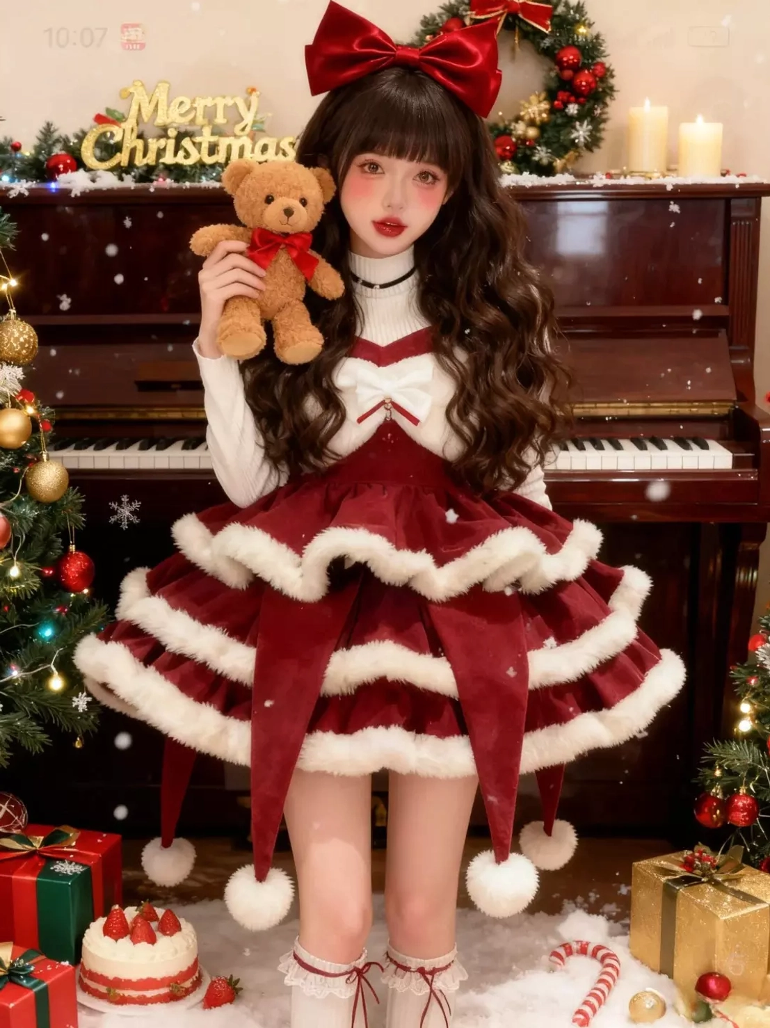 Full Christmas sweet lolita outfit worn by female model in festive studio scene with teddy bear white socks red shoes front standing pose
