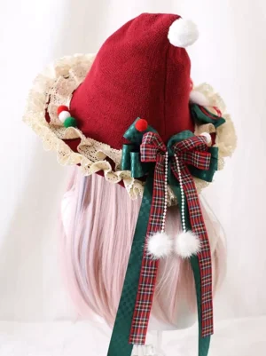 Christmas witch lolita bonnet rear center perspective showcasing pearl chain bow accents and dual white pom-pom ribbon tails festive lace details