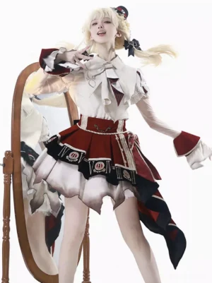 Circus dream lolita coordinate set featuring red and black asymmetrical ruffle skirt with white puffy sleeves, three-quarter front view in studio setting with full-length mirror