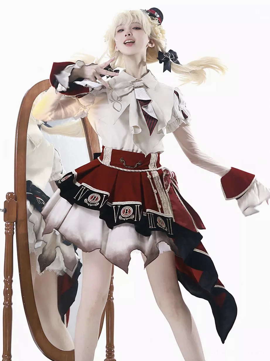 Circus dream lolita coordinate set featuring red and black asymmetrical ruffle skirt with white puffy sleeves, three-quarter front view in studio setting with full-length mirror