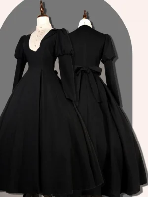 Classic black lolita dress front and back view on dress form, featuring puff long sleeves, white ruffled collar, waist sash bow, and matte black polyester fabric