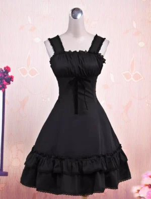 black-sleeveless-classic-lolita-jumper-dress-front-view-ruffled-bust-satin-bow-double-layer-hem-lace-trim-a-line-silhouette