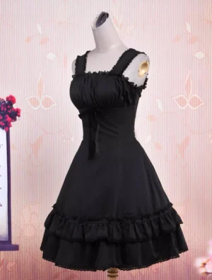 black-lolita-one-piece-jumper-dress-three-quarter-front-angle-fitted-waist-flared-a-line-skirt-ribbon-accent-classic-style
