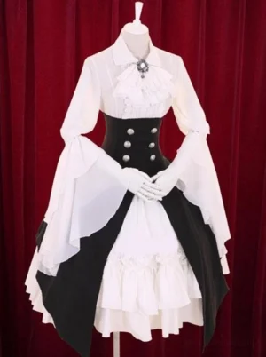 Classic black and white tiered lolita dress front full view with metal button corset waist and ruffled hem
