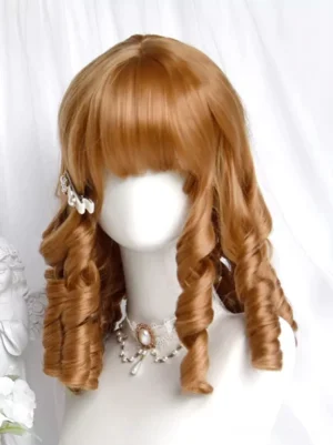 Classic brown Roman curl lolita wig with blunt bangs front view on mannequin head, showcasing warm golden-brown heat-resistant fiber and tight spiral curls characteristic of sweet lolita fashion