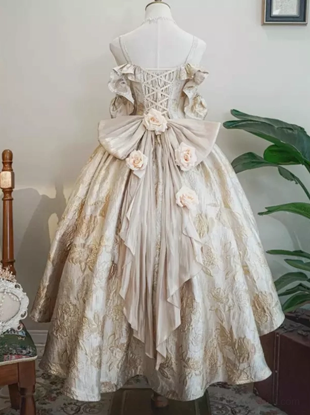 Overhead flat lay of Classic Lolita ball gown showing full silhouette voluminous skirt shape and construction details polyester jacquard