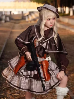 Classic lolita military-style brown sailor cape outfit front view blonde model railway track outdoor setting striped ruffled skirt