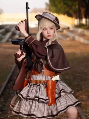 Military classic lolita brown sailor cape side view model holding toy rifle leather holsters matching two-tone set