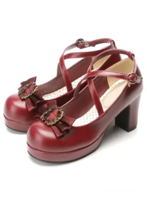 Classic lolita chunky heel shoes wine red leather with cross ankle strap vintage bow buckle three-quarter view