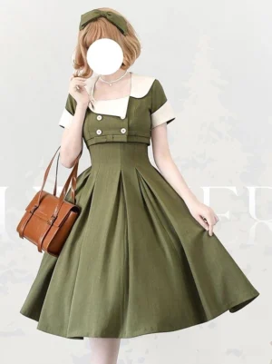 Classic lolita color block jumper dress full front view with army green and off-white pleated flare skirt on model wearing brown accessories