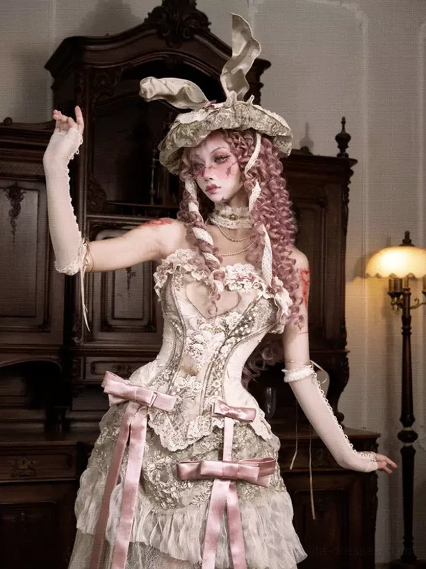 Full body classic lolita fashion coordinate featuring cream lace arm covers with matching long sleeves, pink satin bows, vintage mansion indoor setting, three-quarter standing pose