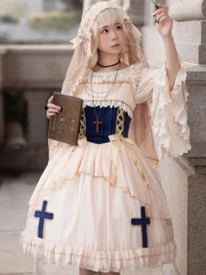 Cross-themed classic lolita op dress navy corset ruffled flare sleeves apricot coordination with blonde model