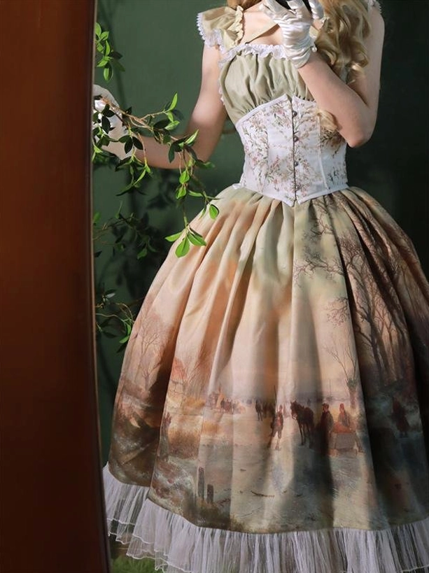 Sleeveless corset style classic lolita dress with landscape print full skirt and lace bust trim, three-quarter upper body view in vintage indoor setting