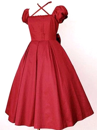 Classic Lolita cotton one-piece dress bright red color front view with puff sleeves square neck cross halter detail and romantic pleated bodice design