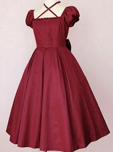 Classic Lolita cotton OP dress deep burgundy wine red color front view showing puff sleeves Victorian neckline and pleated details plus back view revealing large waist bow and cross halter straps