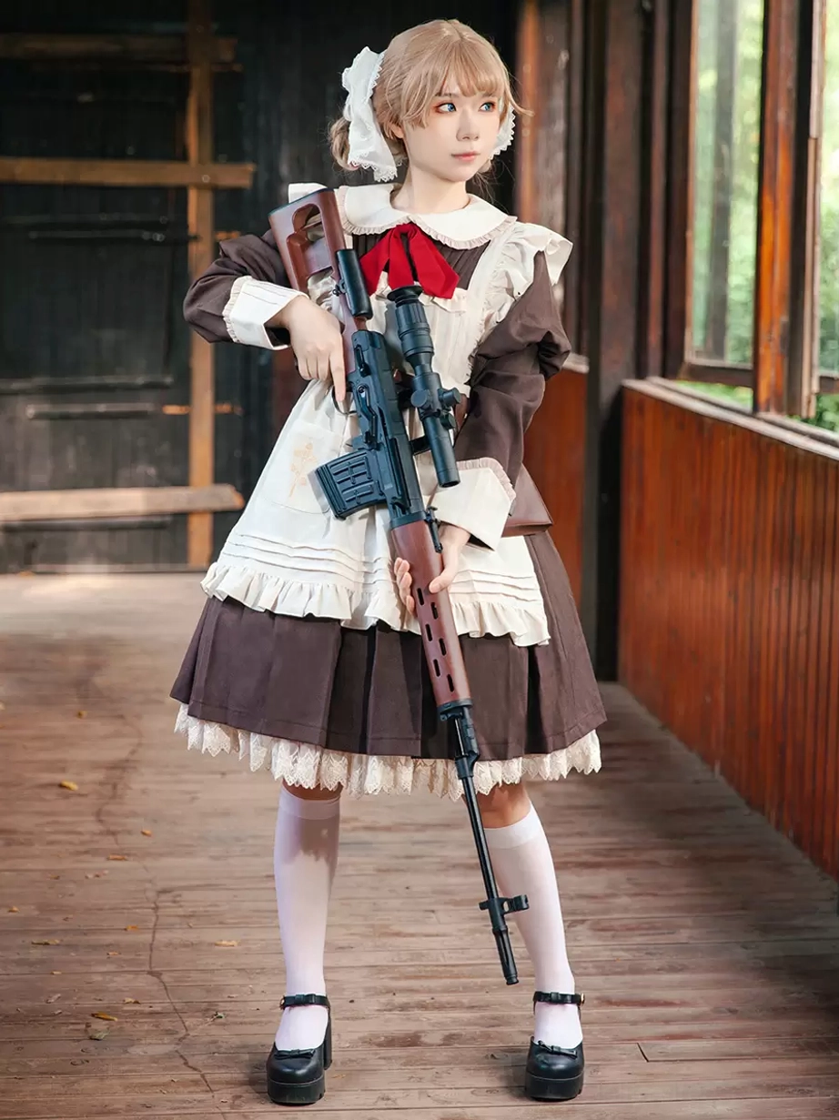 Classic black and tan long-sleeve lolita dress with knotted details and red bow accent displayed on dress form, showing both color variations available