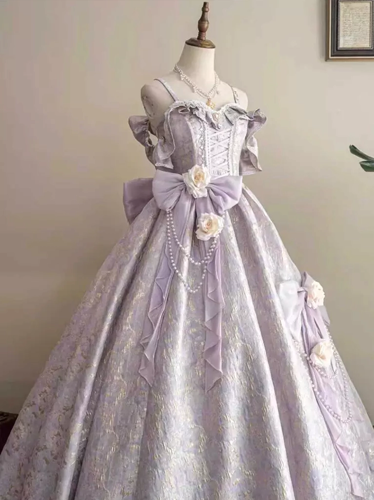 Classic Lolita dress multiple color variants purple pink burgundy red off-shoulder ruffled neckline ball gown silhouette comparison styling inspiration
