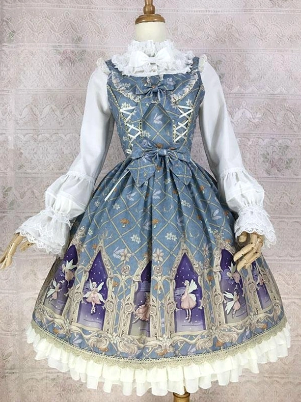 Dusty blue sleeveless classic lolita dress full front view with cathedral fairy print lace-up bodice waist bow and layered cream ruffle hem