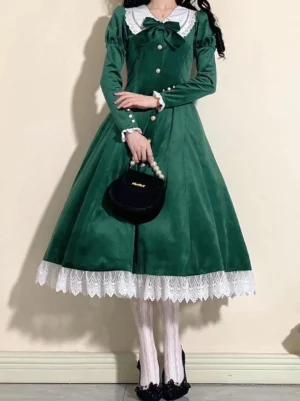 Classic lolita dress forest green velour with a-line midi skirt white lace trim ruffled cuffs and front button placket full standing view
