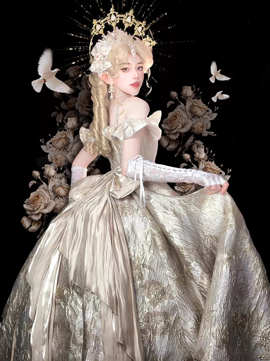 Off-shoulder Classic Lolita dress jacquard fabric texture and weave quality premium polyester material close-up detail view