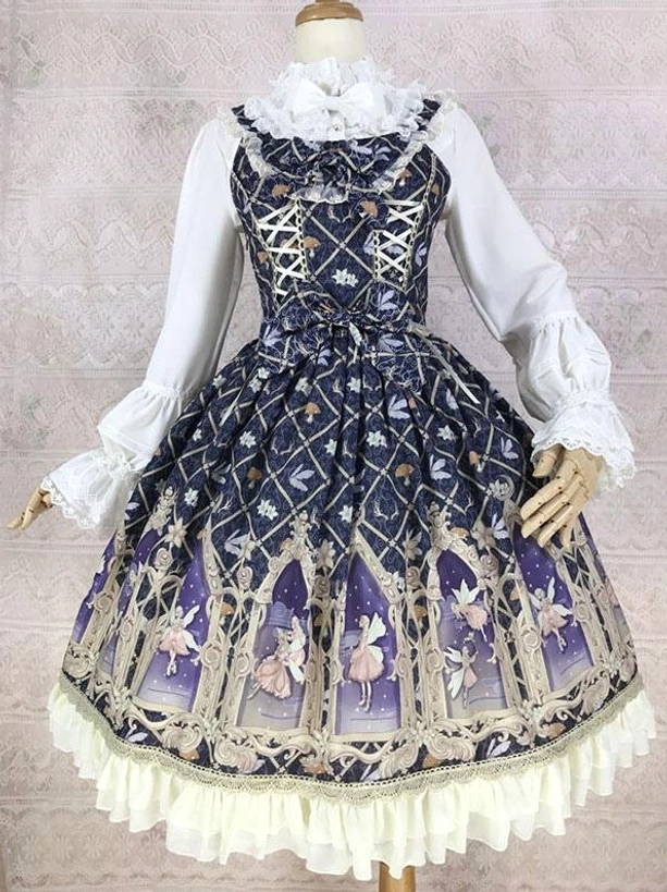 Navy blue sleeveless classic lolita dress with small floral base print cathedral fairy skirt print and cream ruffled hem front three-quarter view
