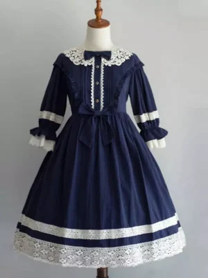Navy blue classic lolita dress with delicate lace collar front bow and ruffle lace trim sweet lolita style one-piece