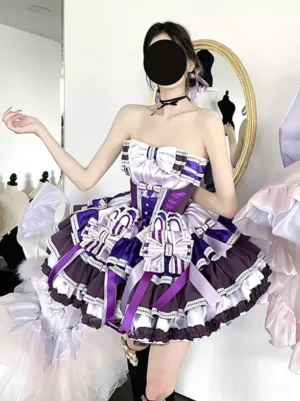 Ballet lolita dress side view corset bodice multi-layer ruffled skirt decorative bows details
