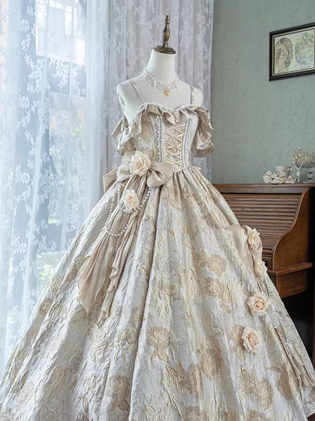 Classic Lolita ball gown detailed embellishment showcase lace-up corset ruffles roses pearls and ornamental bow design elements close-up