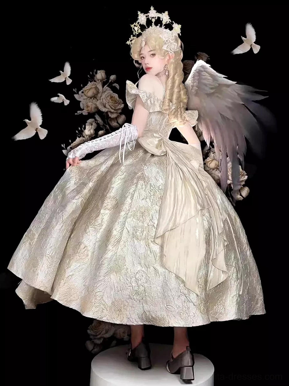 Classic Lolita gown styling inspiration on model with coordinating headpiece tiara and period-appropriate accessories and styling suggestions