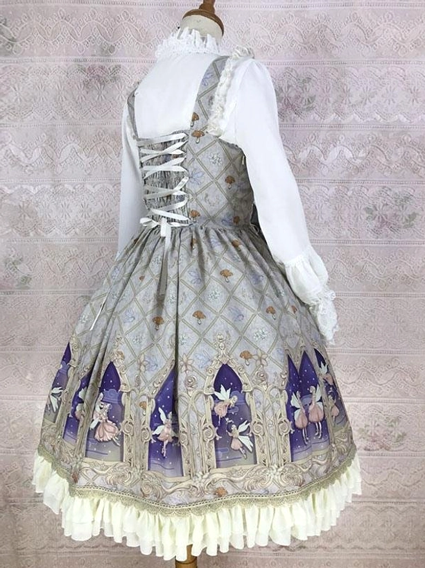 Grey sleeveless classic lolita dress back view showing lace-up back closure cathedral fairy print and cream ruffled skirt hem