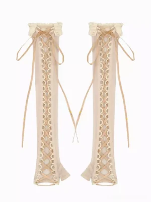 Classic lolita lace-up arm covers in cream beige with hollow lattice pattern, flat lay front double view on white background showing adjustable ribbon straps