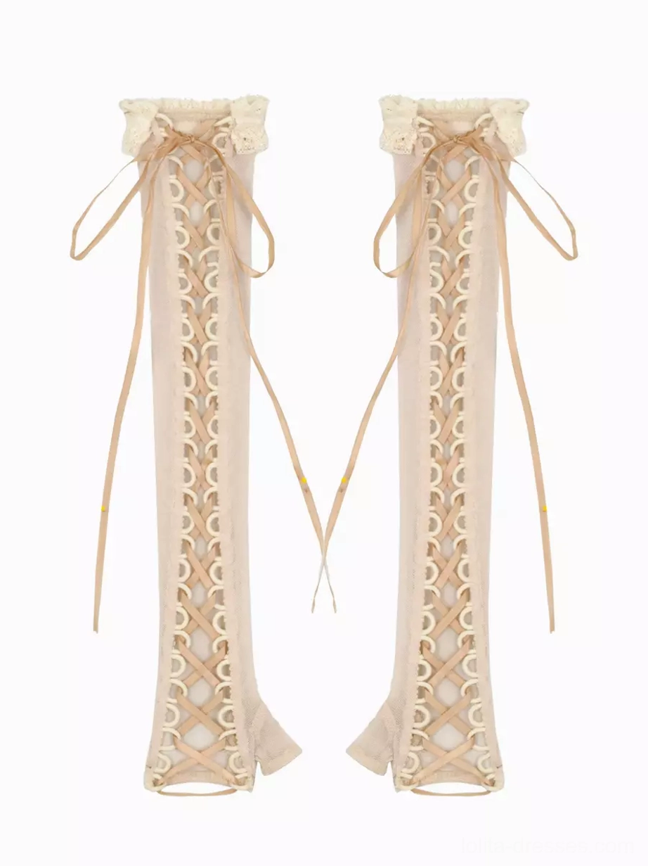 Classic lolita lace-up arm covers in cream beige with hollow lattice pattern, flat lay front double view on white background showing adjustable ribbon straps