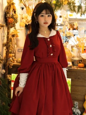 Burgundy Classic Lolita midi dress with contrast white layered cuffs high waist design pearl necklace vintage market scene