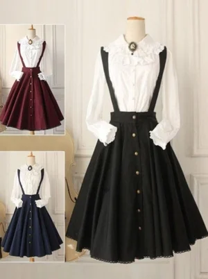 Classic Lolita military suspender salopette dress front view showcase featuring black and blue colorways with button details and ruffled collar accents displayed on dress form