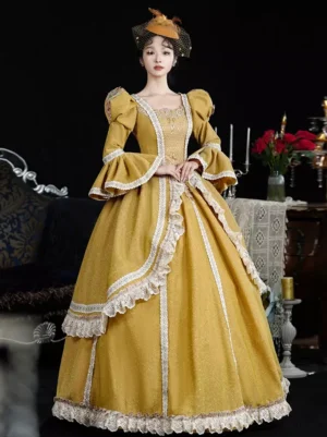 Three-quarter front view of mustard yellow lolita dress showcasing fitted waist, voluminous ball gown skirt, ornate lace detailing, and puff bell sleeves with vintage headpiece