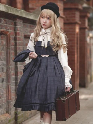 Navy Blue Plaid Classic Lolita Sleeveless Jumper with Decorative Waist Belt and Ruffled Cuffs