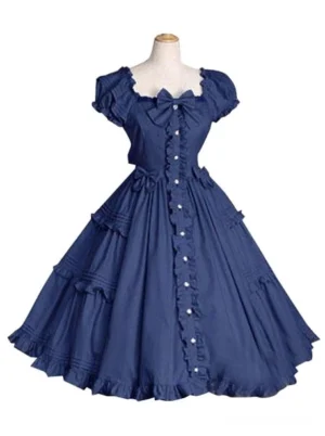 Classic Lolita OP dress deep blue front view flat lay square neckline short puffed sleeves pearl buttons chest bow tiered ruffled skirt