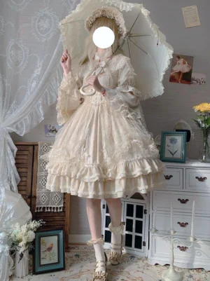 Classic light apricot lolita OP dress front full body view with lace parasol and pleated ruffled skirt vintage bedroom setting