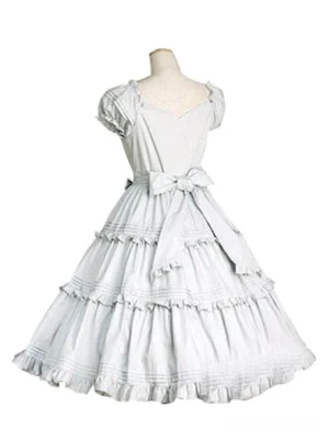Classic Lolita one-piece dress light grey back view sweetheart neckline puff sleeves waist bow sash tiered ruffled skirt lace trim